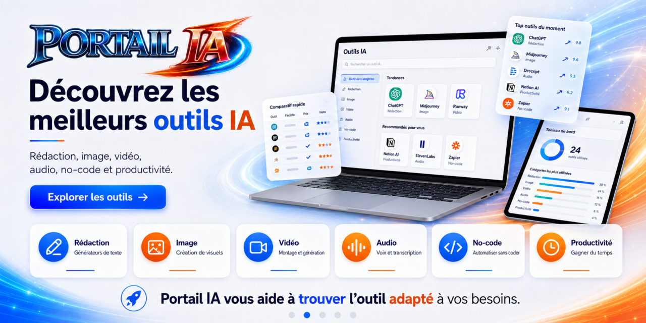 Outils IA sur Portail IA : rédaction, image, vidéo, audio, no-code, automatisation et productivité