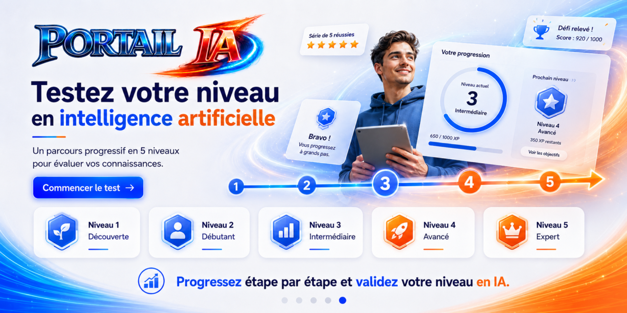 Test de niveau IA sur Portail IA : parcours progressif en 5 niveaux pour évaluer ses connaissances en intelligence artificielle