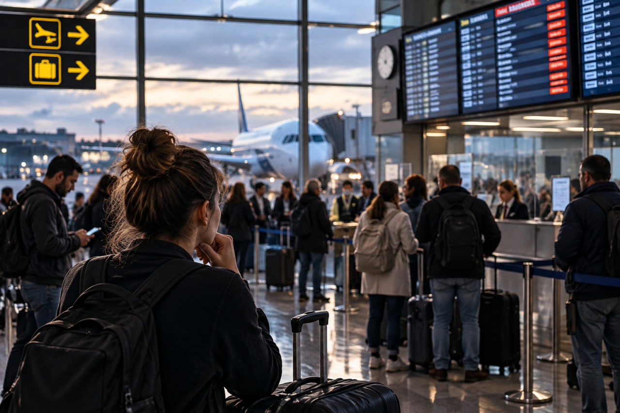 Passagers dans un aéroport confrontés à des retards et perturbations lors d’une crise numérique