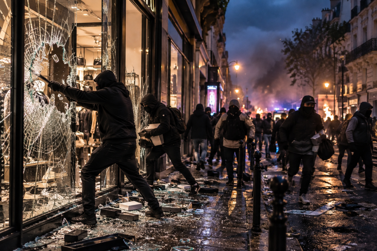 Casseurs brisant la vitrine d’un magasin pendant une crise numérique en France