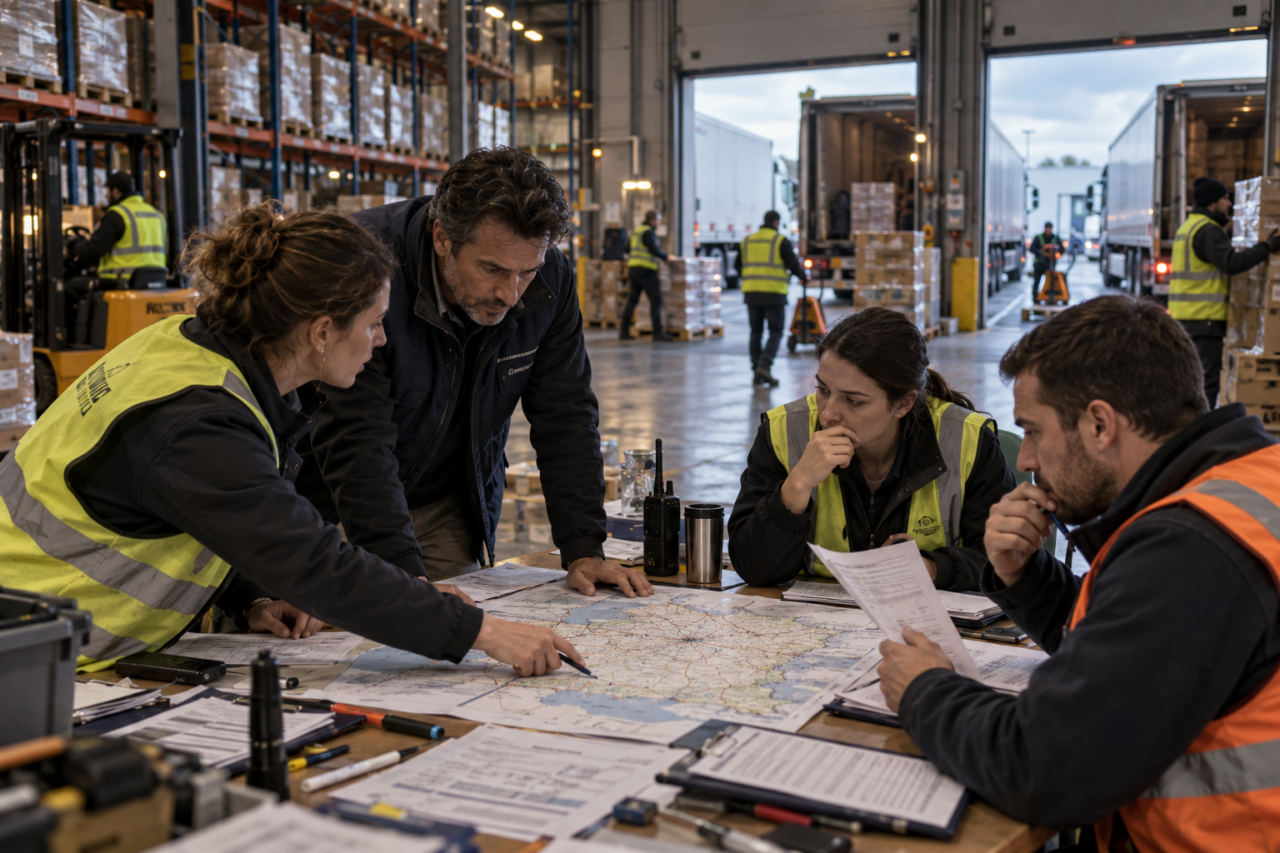 Équipe logistique coordonnant manuellement les livraisons alimentaires dans un entrepôt pendant une coupure d’Internet