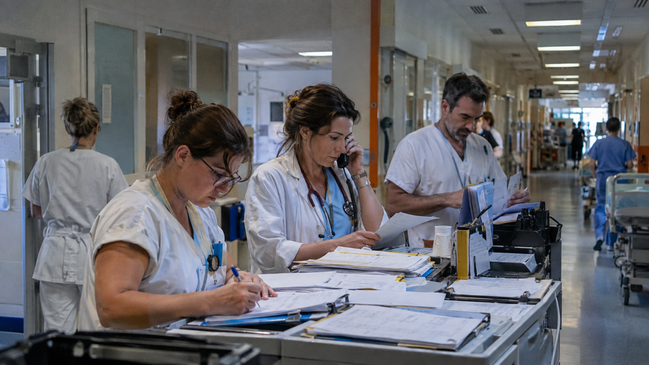 Personnel médical dans un hôpital français fonctionnant en mode dégradé après une coupure d’Internet
