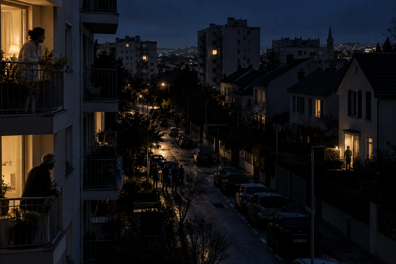 Quartier résidentiel français touché par une coupure électrique lors d’une crise numérique