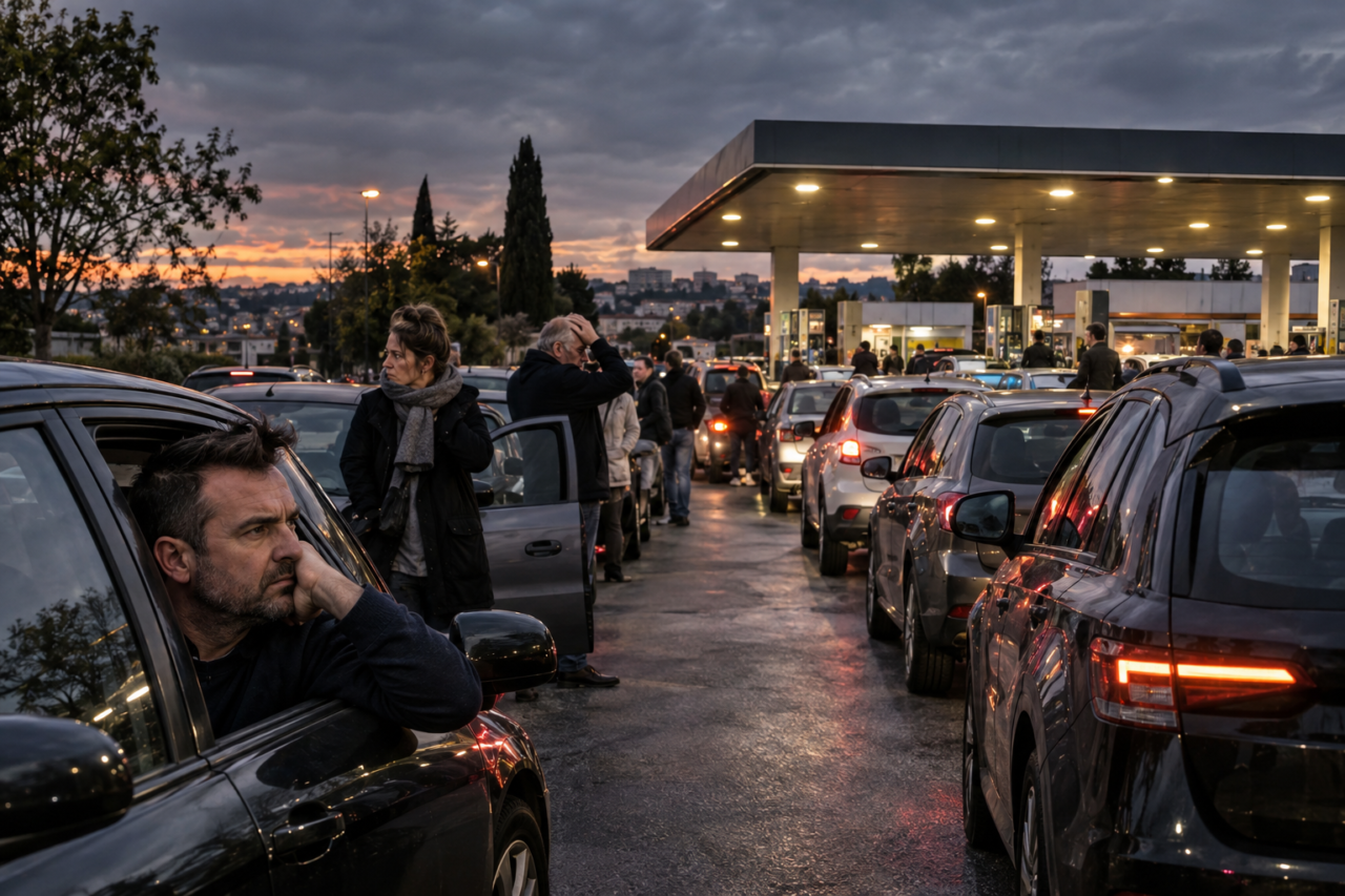 File d’attente dans une station-service française pendant une crise provoquée par une coupure d’Internet