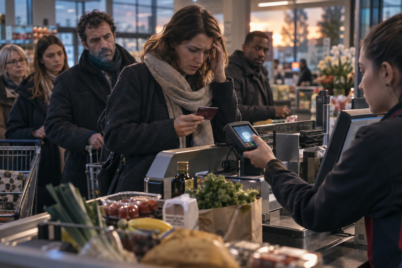 Cliente dans un supermarché français confrontée à un paiement refusé lors d’une crise numérique